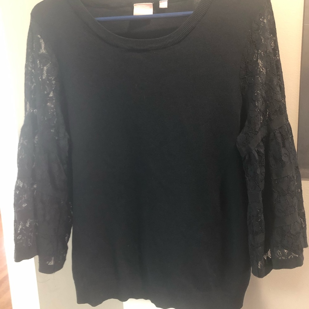Light weight sweater top with sheer lace sleeves